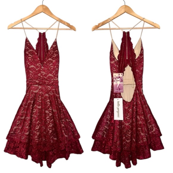 EMERALD SUNDAE Red Lace Racerback Fit & Flare Sparkly Dress Prom Cocktail Wmn S - Picture 2 of 16